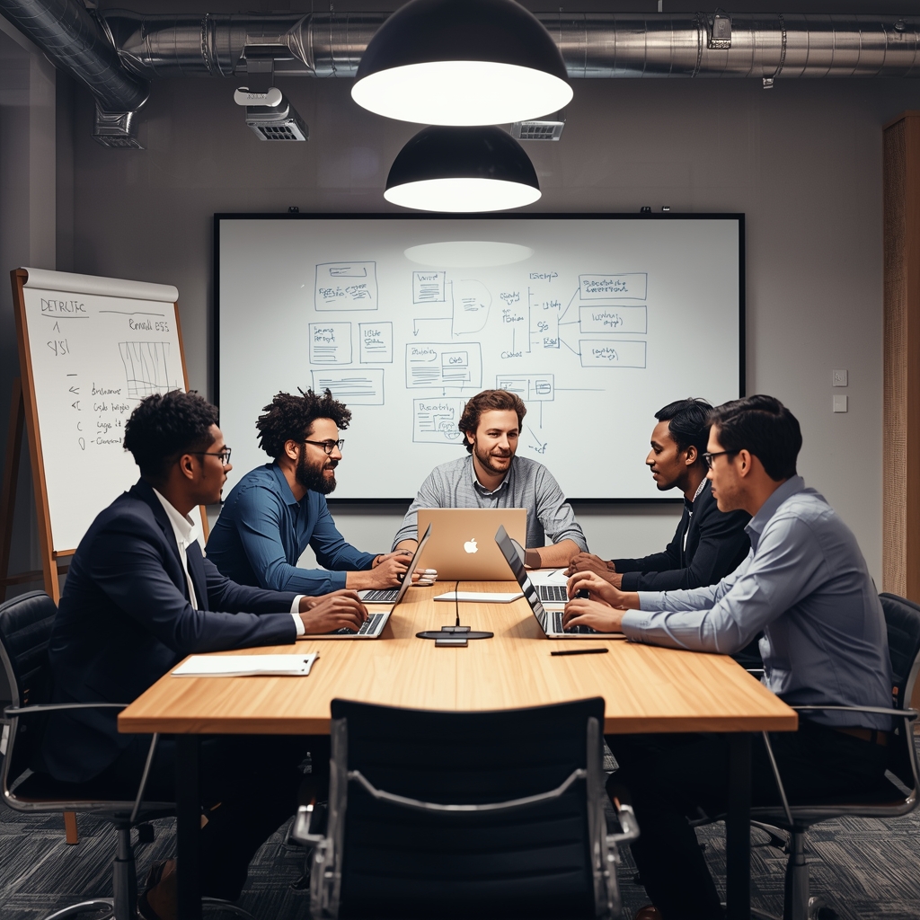 A diverse group of male professionals collaborating around a conference table with laptops and whiteboards filled with strategy diagrams, modern office setting with industrial design elements